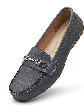 Women's Grey 100% Leather Round Toe Slip On Business Casual Dress Shoe